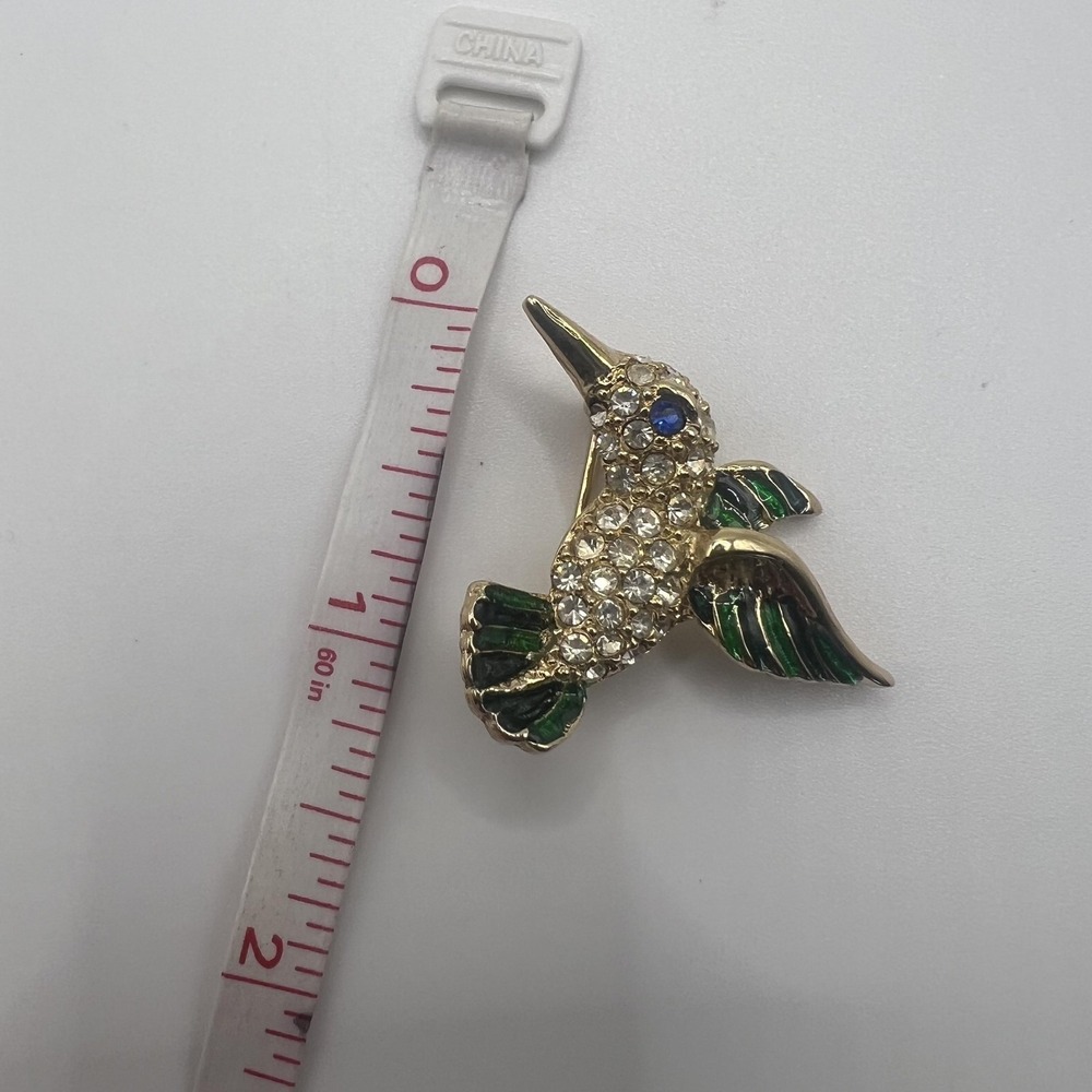 Hummingbird Brooch Pin Gold Tone Rhinestone Green Enamel Bird Costume Jewelry 2" - Picture 5 of 5